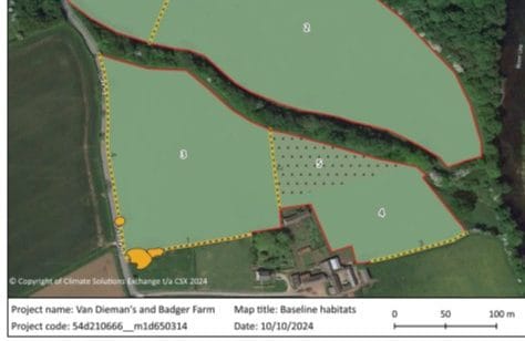 Aerial map showing the baseline habitats for Van Dieman's and Badger Farm project, outlining planned access routes for Swinton Estate visitors